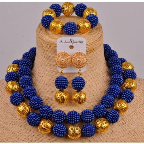 Latest African Beads Jewelry Set Royal Blue Simulated Pearl Nigerian Wedding Necklace FZZ45