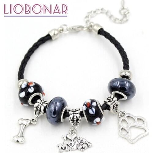 New Braid Leather Bracelet Lampwork Murano Glass Bead I love dog paw print Charm Bracelets for Women Jewelry Gift Bijoux Pulsera