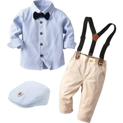 Toddler Children Clothes Casual Boys Set with Hat Striped Shirt + Tie + Pants + Belt 5 Pcs Baby Kids Long-Sleeves Dress