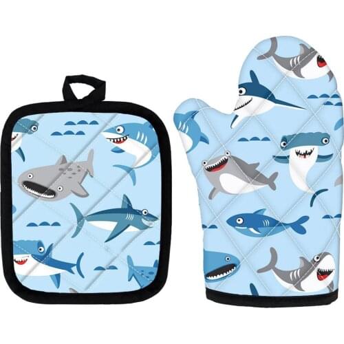 Cute Potholders Oven Mitts Microwave Baking Gloves Shark Pattern Insulation Gloves and Mat Polyester Kitchen Gloves for Cooking