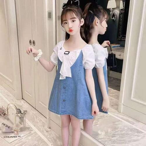 Baby Dress for Girls Denim Dresses Summer 2021 Kids Short Sleeve Bow Dresses Children Girl Princess Dress Clothing