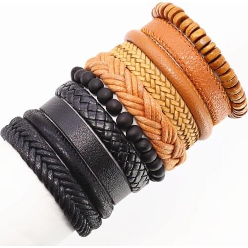 Handmade Weave Black Brown Camel Men Leather Bracelets For Women Bangles Femme Homme Male Jewellery 10 Pcs/Set Freely Shipping