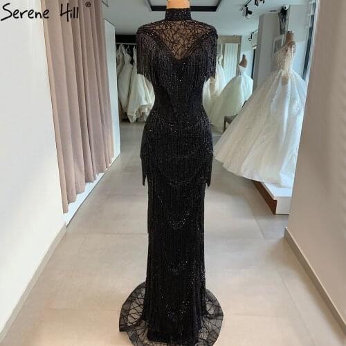 Serene Hill Grey Mermaid Luxury Evening Dresses Gowns Cap Sleeves Beading Tassel Sexy For Women Party 2020 LA70529