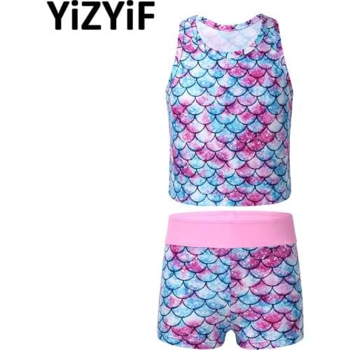 Tankini Swimsuit Kids Girls Swimwear Fish Scales Printed Swim Suit Sleevelss Top With Bottoms Bathing Suit Children Beachwear