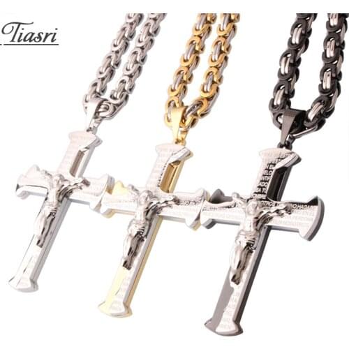 Tiasri Fashion Jesus Cross Pendant Necklace For Men Women Halloween Gifts 6mm Byzantine Choker Stainless Steel Jewelry Chain2020