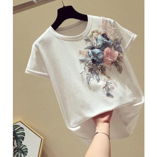 Streetwear Women T Shirts Flowers Solid Appliques Beading Tops Female 2020 Summer Short Sleeve Plus Size Tees Cotton Clothes