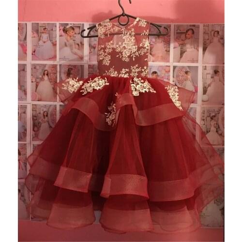 Golden lace red organza puffy princess girls birthday party ball gowns luxury red girls celebration dresses custom