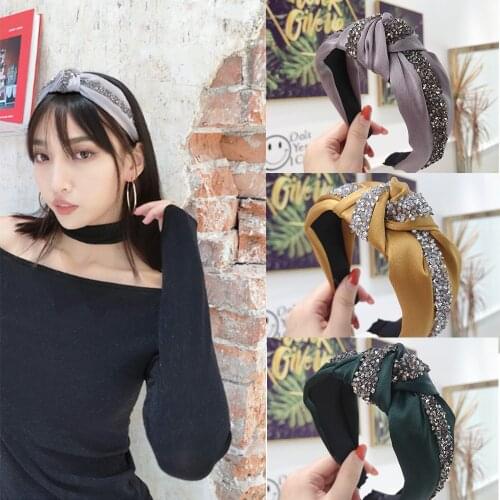 1PC Fashion Rhinestone Hairband Women Solid Wide Side Headband Middle Knot Turban Girls Autumn Winter Hair Accessories Headwear