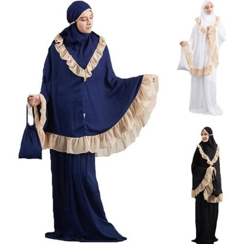 2PC Ramadan Women Prayer Clothes Set Muslim Abaya Jilbab Long Dress Arab Hijab Scarf Ruffle Islamic Clothing Set Worship Service