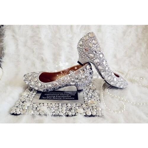 2018 Gorgeous Handmade Spring 4cm Low Heel Lady Wedding Dress Shoes Bridal Shoes Diamond Woman Evening Prom Party Dress Shoes