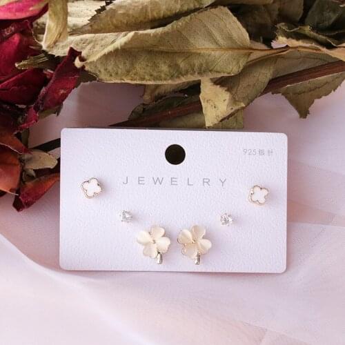 2021 Korean 925 Silver Cute Leaf Opal Crystal Stud Earrings Women Fashion Jewelry украшения на шею 3 Pairs/ Set Earrings сережки