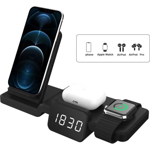 5in1 Qi Fast Wireless Charger Digital Display Clock Charge Station Quick Charging Dock Station For Iphone 8 Pus XS 11 12 Pro MAX