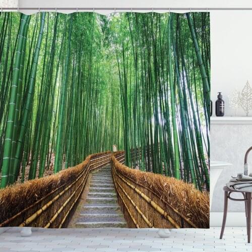 Bamboo Jungle Shower Curtain Set Pier Road Asian Forest Scenery Drape for Bathroom 12 Hooks Cortinas de Baño וילון אמבטיה
