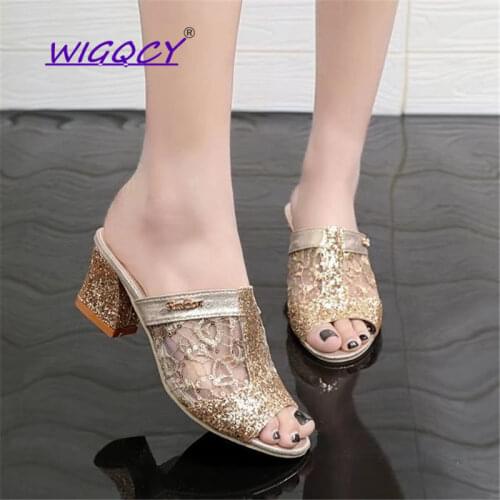 Plus size 43 Mesh Bling High heel slippers women 2019 Summer shoes Fashion Square heel Slides Peep Toe Shallow ladies shoes
