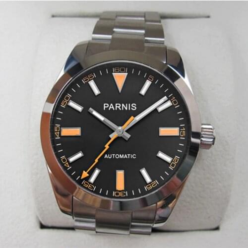New Parnis 40MM Black Dial Mechanical Men Watch Sapphire Crystal Stainless Steel Band Miyota 8215 Automatic Mens Watches PA2107