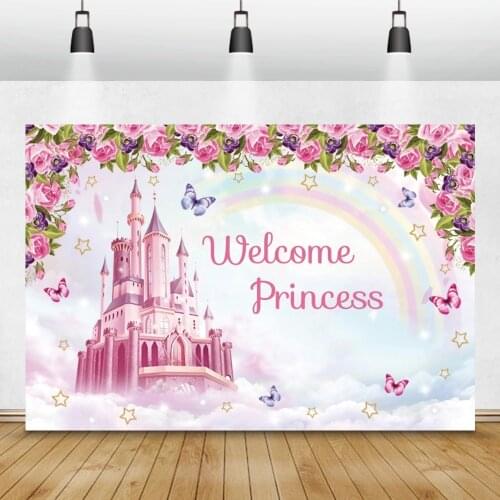 Laeacco Welcome Princess Photography Backgrounds Flowers Castle Rainbow Stars Clouds Birthday Backdrops Newborn Photophone Props