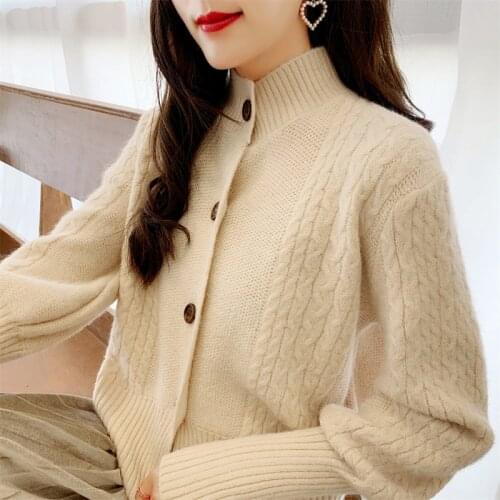 Women Basic Ribbed Short Sweater Coat Knitted Cardigan Sweater Vintage Long Sleeve Button-up Female Outerwear Chic Tops 2021