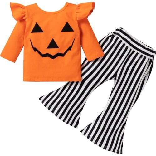 Toddler Kids Baby Girls 2Pcs Halloween Outfits, Long Sleeve Ruffle Pumpkin Tops + Striped Flare Pants Set 1-6T