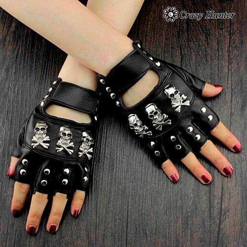 Cool Three Skull Studded Punk Rock Biker Womens Fingerless Leather Gloves #3034