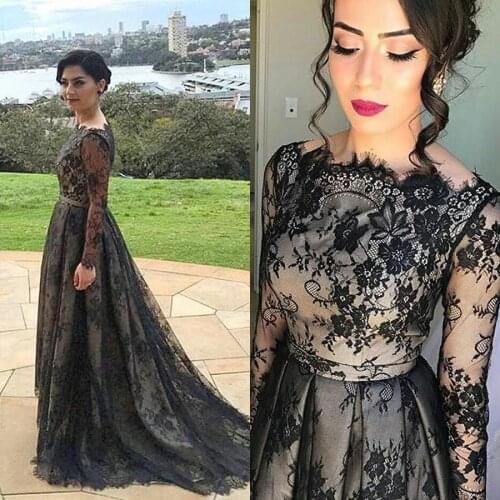 Lace Black Mother Of The Bride Dresses With Sleeves Boat Neck Long Sleeve Formal Evening Dress Wedding Party Gowns