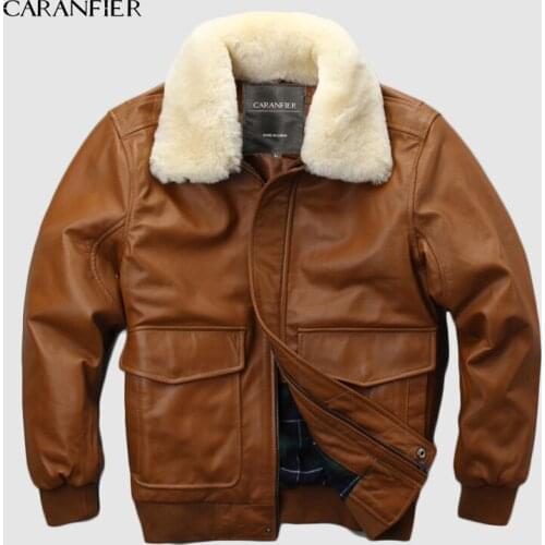 CARANFIER Air Force Flight Suit Pilot Fur Collar Thick Warm Leather Jacket Genuine Sheepskin Leather Jacket DHL Free Shipping