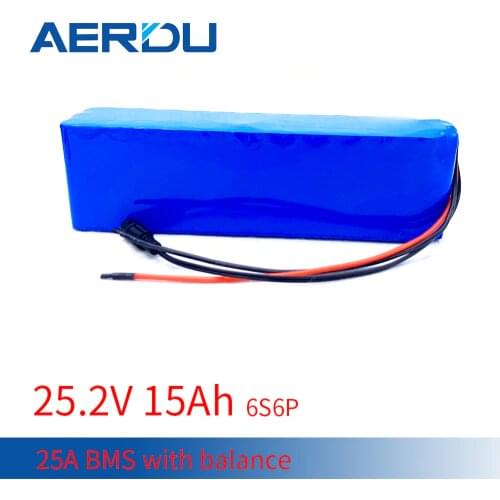 AERDU 24V 6S6P 25.2V 22v 15AH 18650 Li-Ion Battery Pack for electric motor bicycle ebike scooter wheelchair cropper with 25A BMS