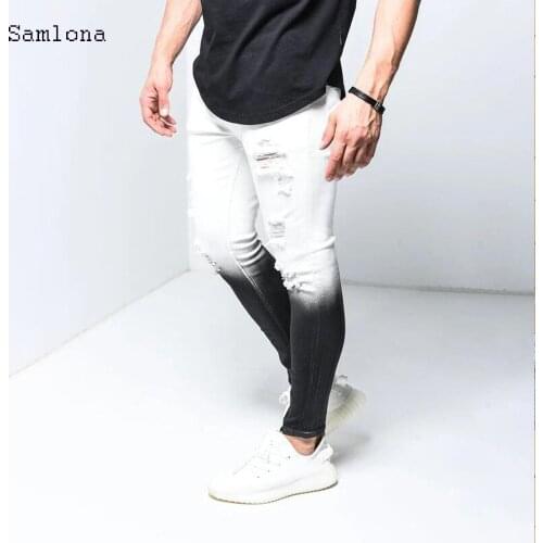 Europe and America Male Denim Pants Gradient Trousers Hole Stretch Zipper-cuff Mid-Waist pocket Leisure 2020 New Mens Jeans