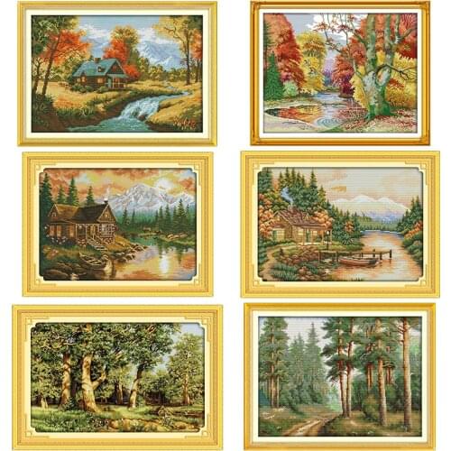 Autumn Scenery Series Printed Cross Stitch Kit DIY Landscape Pattern Embroidery Set 14CT11CT Needlework Home Decoration Painting