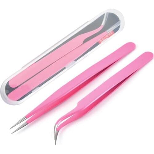 Lash Tweezers, Pack of 2 Stainless Steel Tweezers for Eyelash Extensions Straight and Curved Tip False Lash Tools Pink