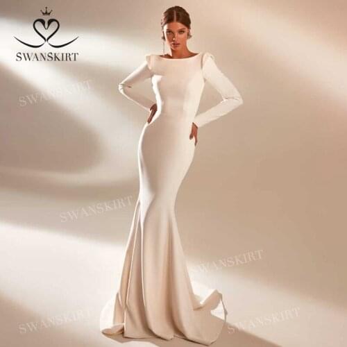 Long Sleeve Mermaid Wedding Dress 2021 O-Neck Satin Court Train Vestido De Novia Princess SwanSarah M016 Plus Size Bridal Gown