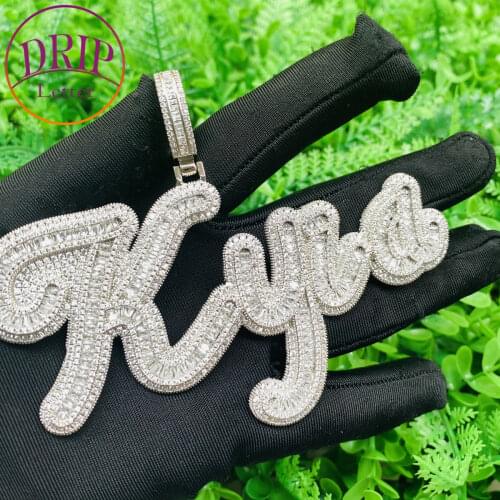 Custom Brush Cursive Letter Pendant Micro Paved CZ Personalized Hip Hop Name Necklace Jewelry