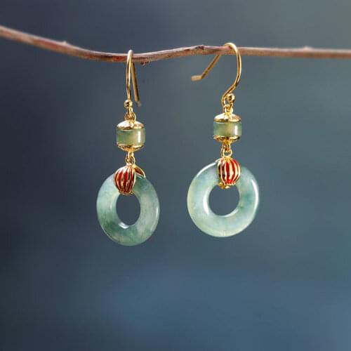 S925 Sterling Silver Blue Ice Jade Safeness Ring Earrings Natural Hetian Jade round Ring Earrings Palace Ornament for Women