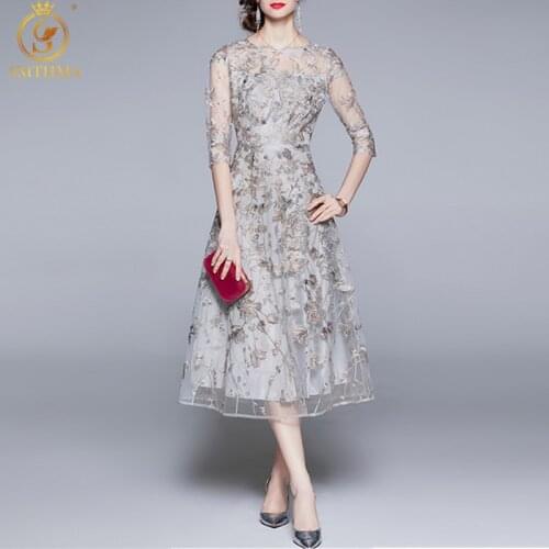 SMTHMA 2021 New Fashion Designer Runway Summer Dress Women Half Sleeve Gorgeous Flowers Embroidery Mesh Vintage Party Dress