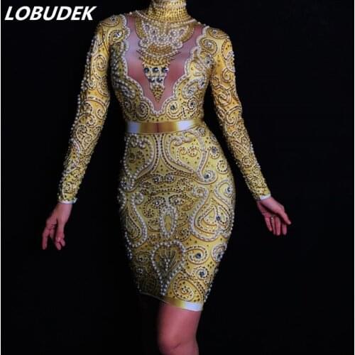 High Quality Women Gold Rhinestones Pearls Dress Sexy Long Sleeve Skinny Short Dress Prom Party Singer Costume DS Stage Outfit