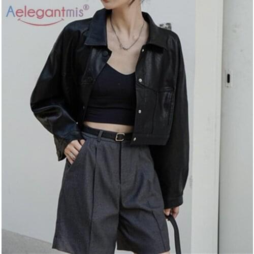 Aelegantmis Simple Faux Leather Cropped Jacket Fashion Slim Single Breasted Leather Coat Lapel Causal Clothes Spring Autumn 2021