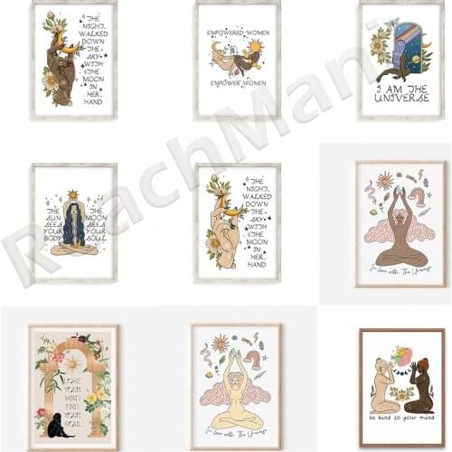 Female universe love prints, retro flowers, find your safe soul, mysterious female energy, rainbow stars, sun and moon, fall in