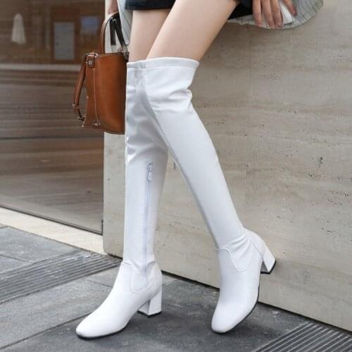 Women Over The Knee High Boots Fashion Simple Pu Leather Square High Heel Square Toe Women Motorcycle Boots Size 34-45 MAZIAO