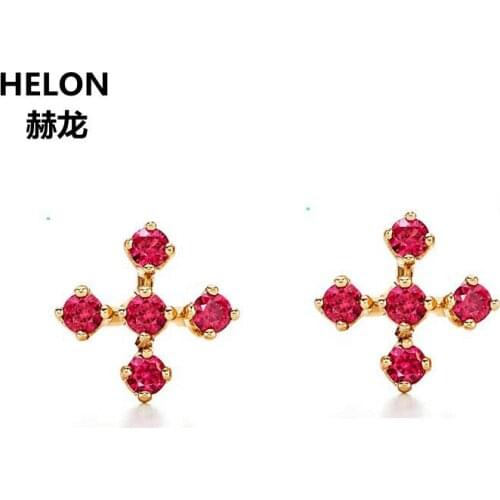 Solid 14k Yellow Gold Natural Ruby Stud Earrings For Women Party Engagement Wedding Fine Jewelry