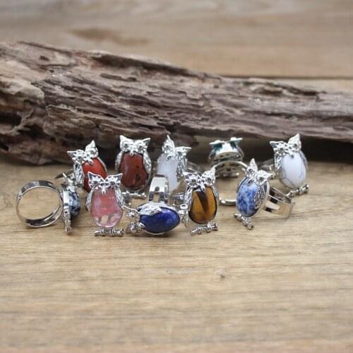 Lovely Owl Natural Stone Resizable Ring Lapis Amethysts Tiger eye Turquoises Cabochon Finger Rings Women Fashion Jewelry,QC4053