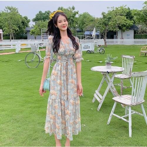 Women Long Vintage Chiffon Floral Dress Summer 2021 Elegant Korean Party Dress Fairy Boho Retro Casual Vacation Dresses Vestido