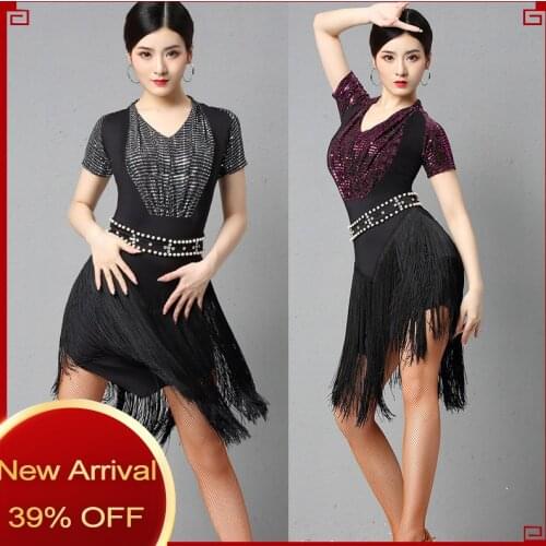 2020 New Latin Dance Practice Clothes Female Professional Samba Dress Sexy Short-Sleeved Sequin Tassel Dresses For Women DL5687