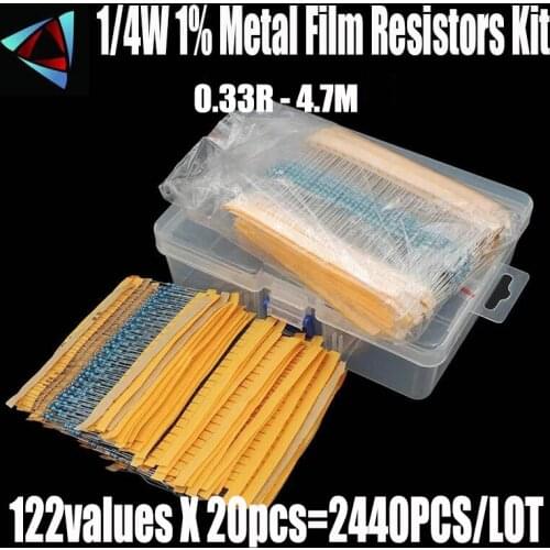 2440pcs 1/4W 1% 0.33R - 4.7M Ohm 122values X 20pcs Resistencias Resistor Pack Metal Film Resistors Set Box Resistor Kit