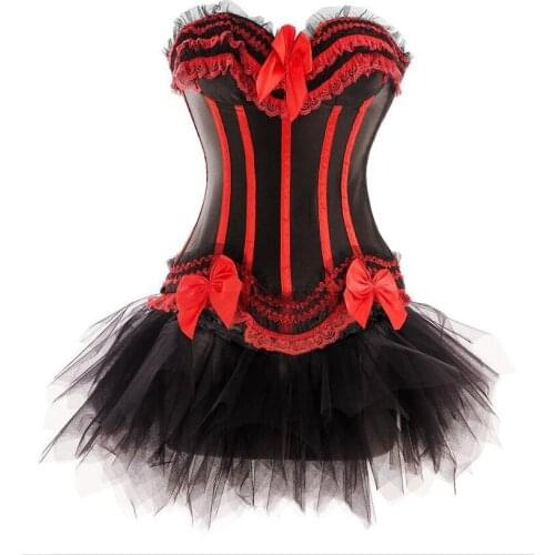 8068 6 color Black Red satin corset busiter with padded cup underwire +G-string+Black mini skirt showgirl costume S-6XL