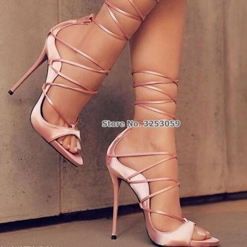 ALMUDENA Women Sexy Sequined Satin Clothe Stiletto Heels Sandals Thin Strappy Lace-up Dress Shoes Cross Tied Evening Pumps Shoes