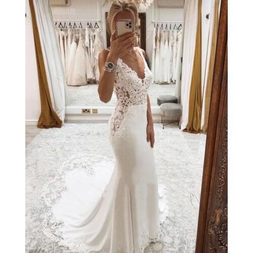JIERUIZE White Lace Appliques Luxury mermaid Wedding Dresses 2021 Deep V-neck Beach Bridal Gowns Robe De Mariee