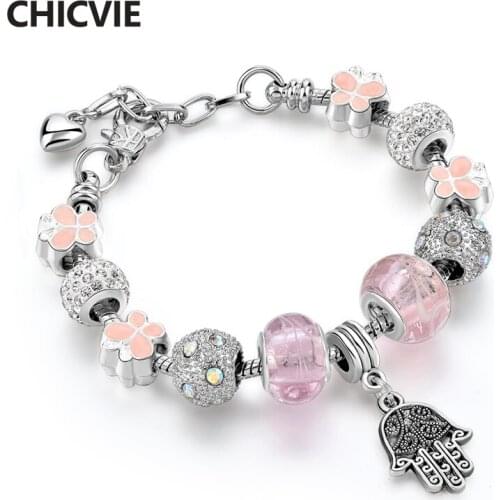 CHICVIE Pink Clover & Hamsa Hand Custom Bracelets & Bangles Charms For Jewelry Making Bracelet For Women DIY Bracelet SBR170061