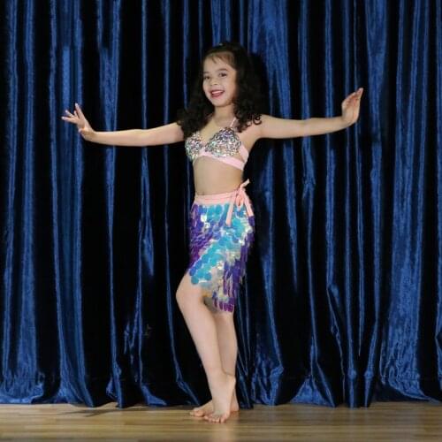 Childrens belly dance costumes Kids mermaid Clothes girls Bellydance Bra + Hip scarf Wrap Belt Sequin Fish Scale accessories
