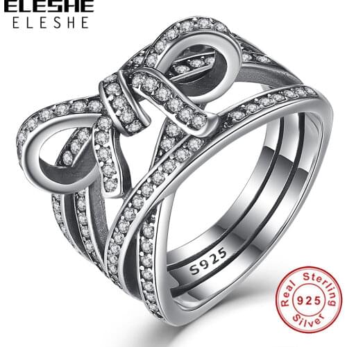 ELESHE Christmas 925 Sterling Silver Big Bow Knot DELICATE SENTIMENTS Finger Ring with Crystal CZ Vintage Ring For Women Jewelry