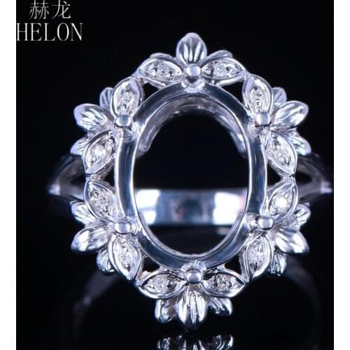 HELON 9x12-11x13mm Oval Solid 14K White Gold 0.1ct Real Natural Diamonds Semi Mount Engagement Wedding Wedding Ring Fine Jewelry