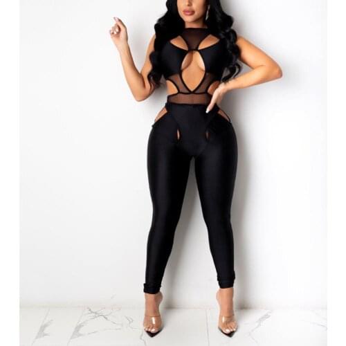 Sexy Black Hole Jumpsuits Sheath Sleeveless Hollow Out High Waist Sex For Evening Night Party Club Rompers & Jumpsuits 2020 Fall